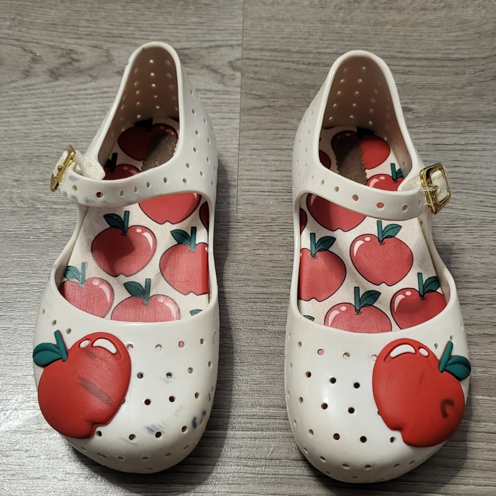Mini Melissa Apple Mary Jane Jelly Shoes Cream Red‎ White Buckle Flats Fruit 10 - Picture 2 of 8